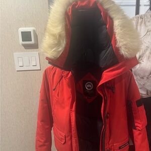 Red Canada Goose Bomber Jacket with Fur Hood